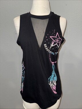 Beautiful disaster Black Mesh V‑Neck Dreamcatcher Graphic Tank Top